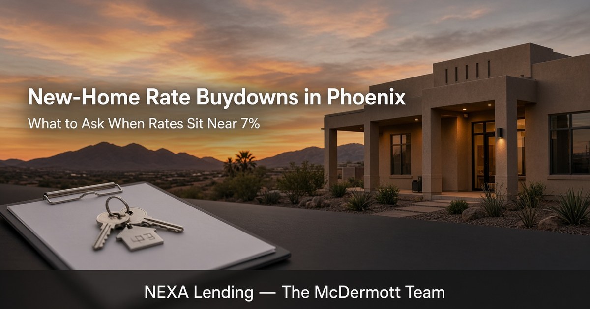 Phoenix new-build rate buydowns: temporary vs permanent vs market rate with credit to costs — dusk desert-modern