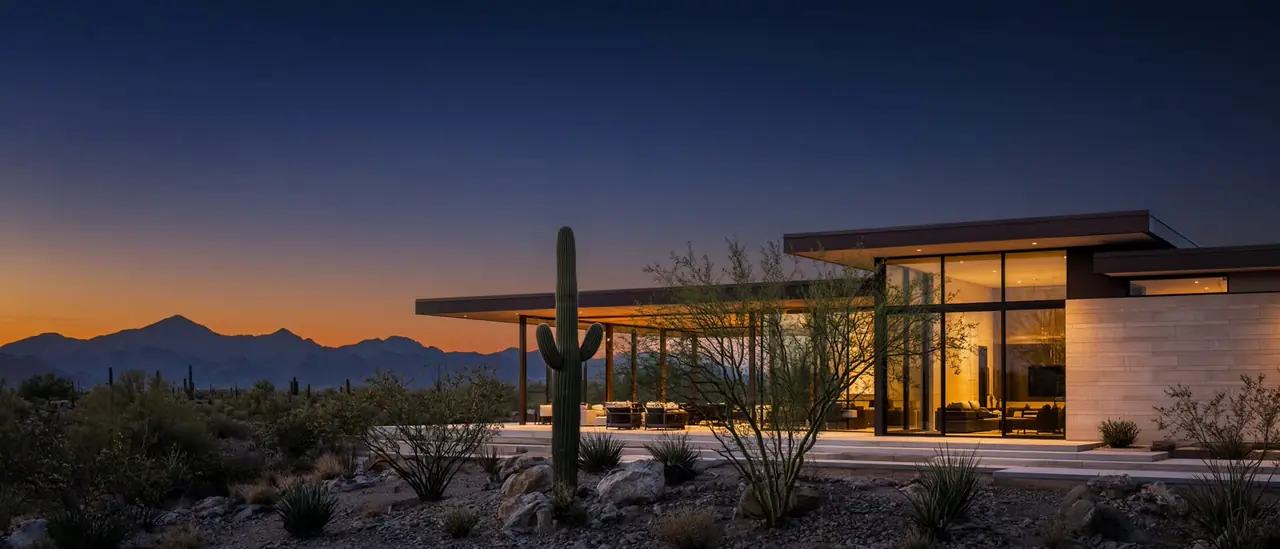 Modern desert home at dusk in Arizona
