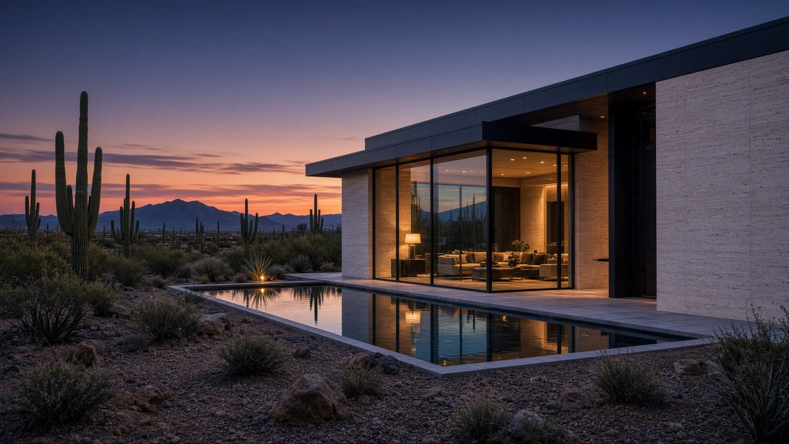 Modern desert home with a reflecting pool at dusk